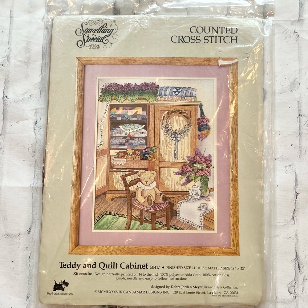 Candamar Designs 50417 Teddy and Quilt Cabinet Counted Cross Stitch Kit Vintage